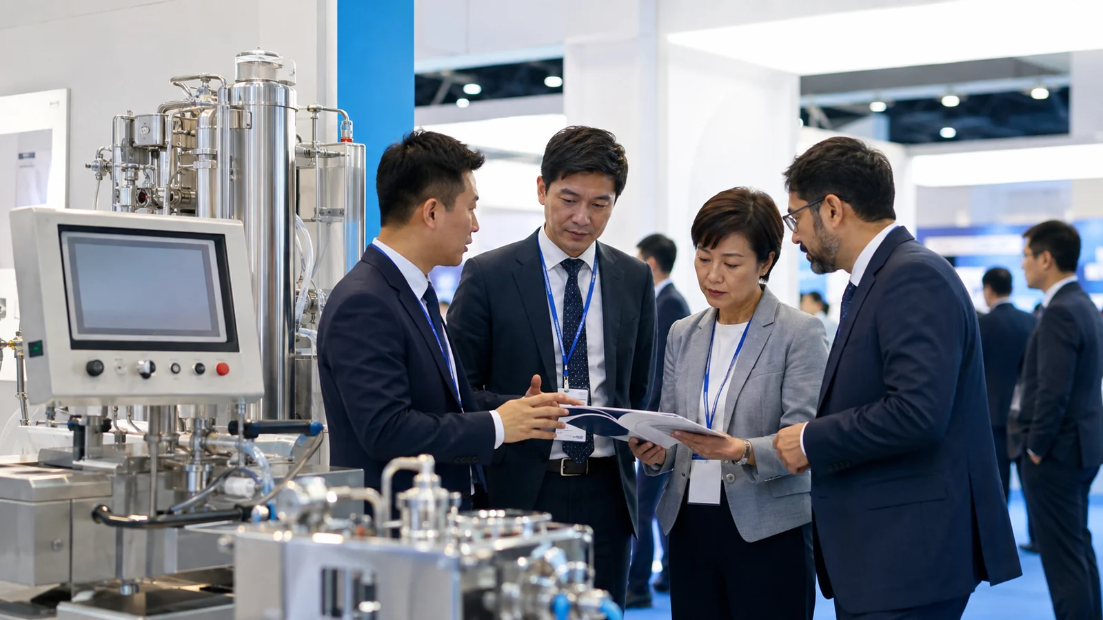 Engineers and healthcare buyers discussing technical equipment at an exhibition booth
