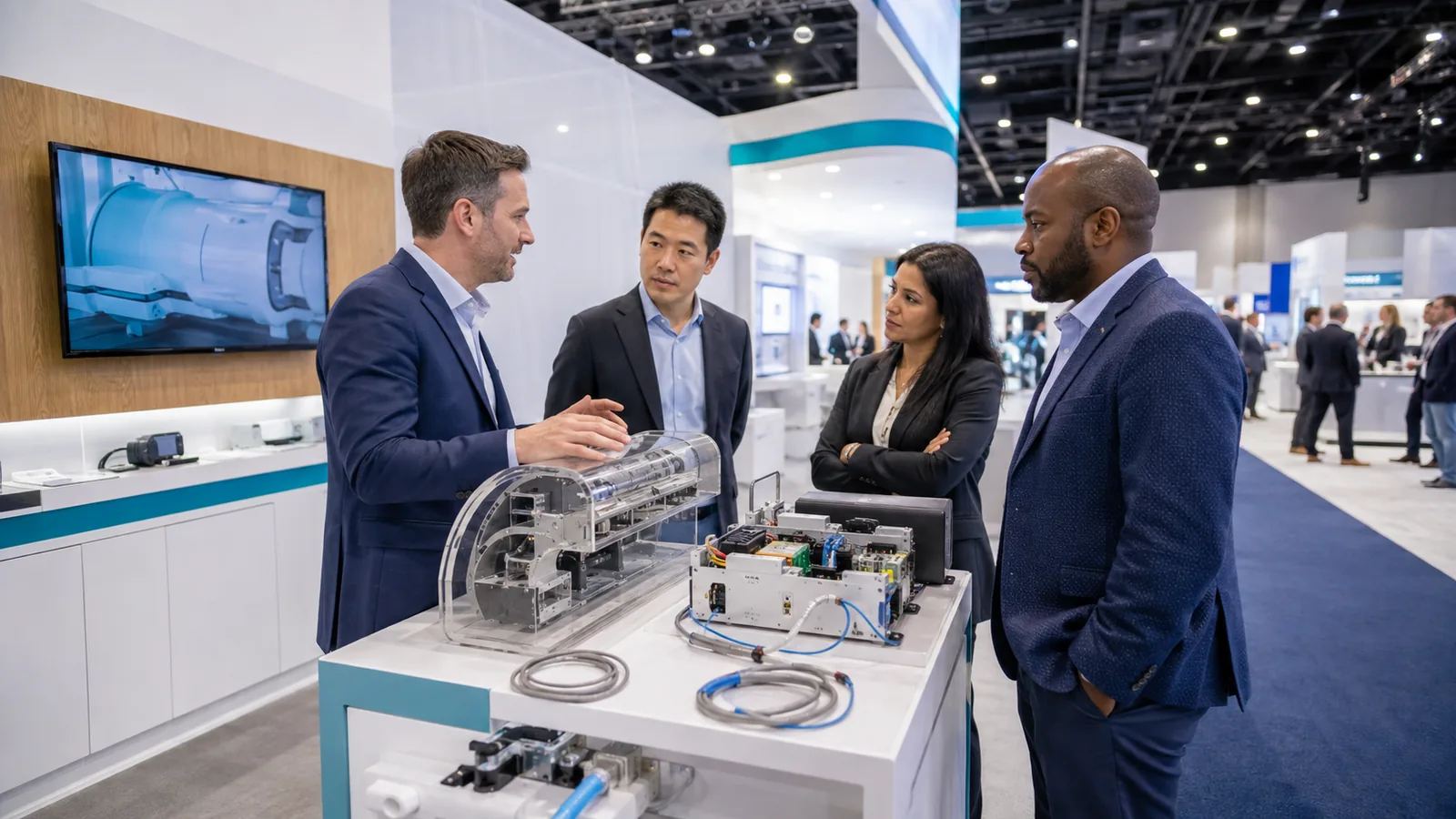 Medtech exhibitors demonstrating medical equipment and device components