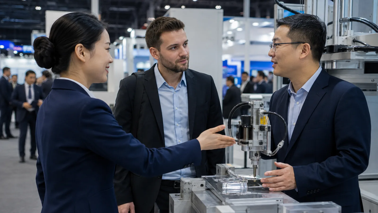 Booth staff handing a qualified visitor from greeting to technical discussion