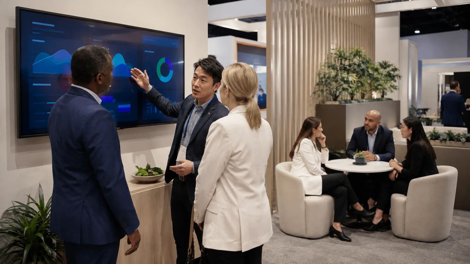Financial technology demonstration and buyer meeting at a Miami exhibition booth
