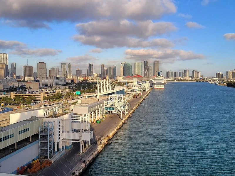 PortMiami channel and Miami skyline, Florida