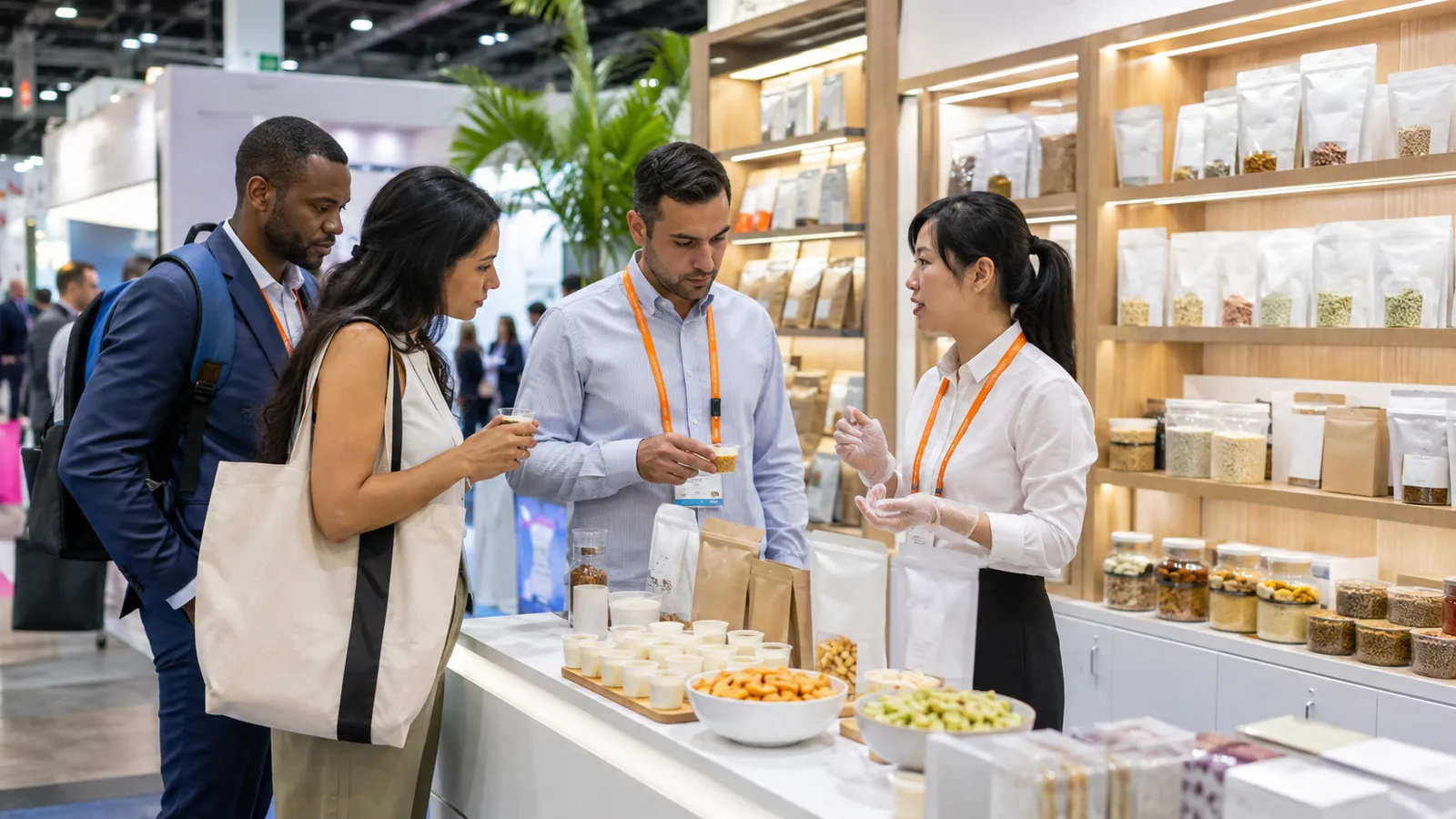 Food and beverage exhibitors discussing product samples with trade buyers in Miami