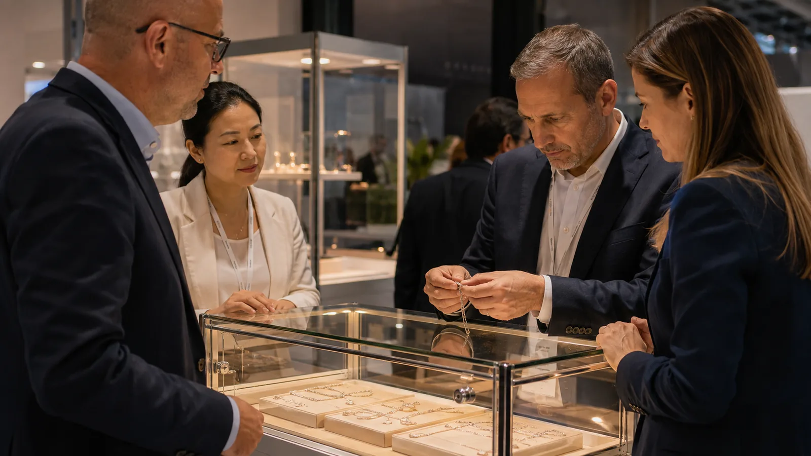 Secure jewelry display and supervised product inspection at a Miami trade show