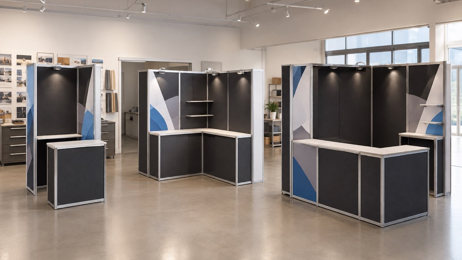Different modular booth footprints assembled from reusable exhibit frame sections