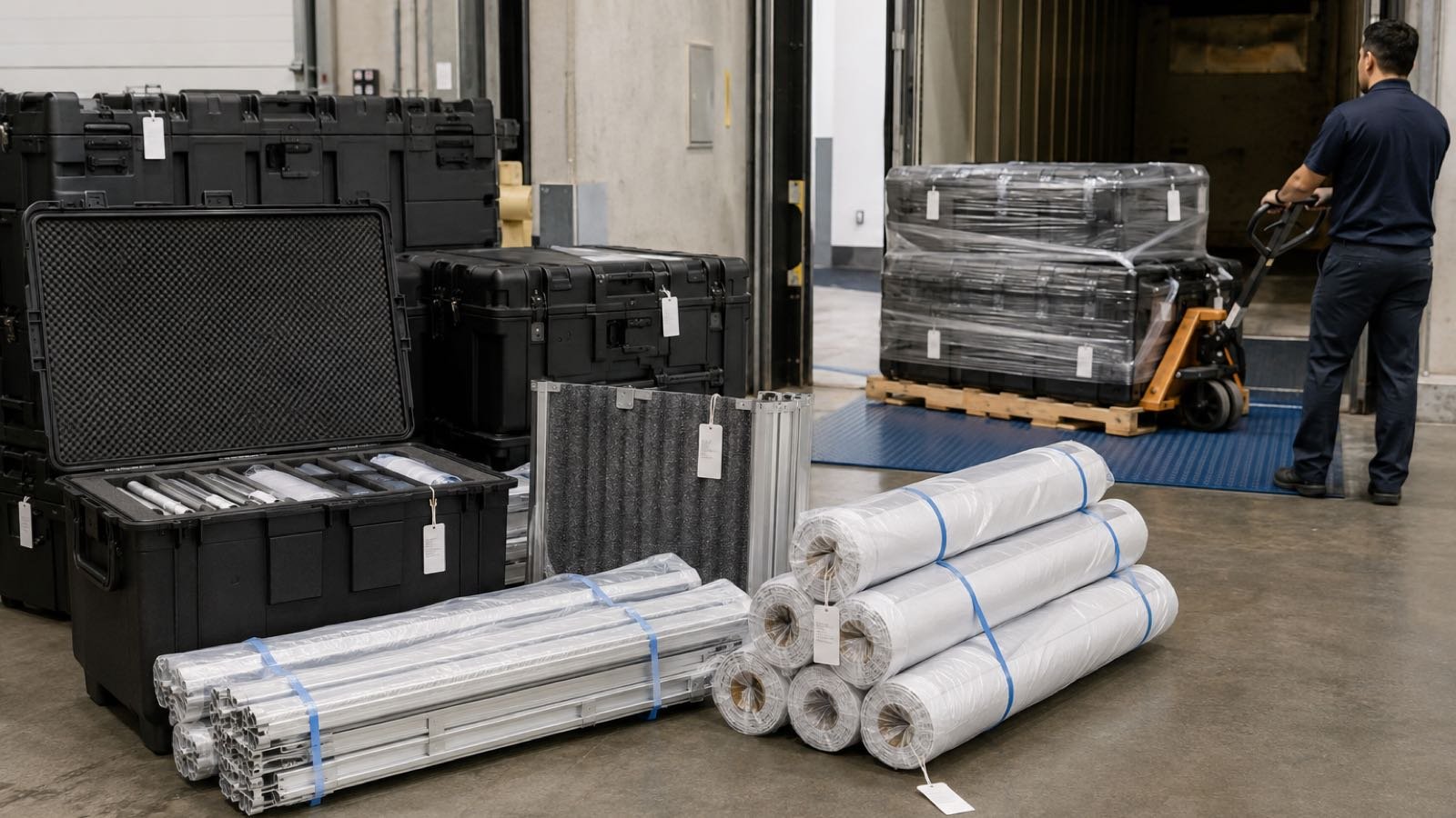 Protective cases and packed components prepared for modular exhibit shipping