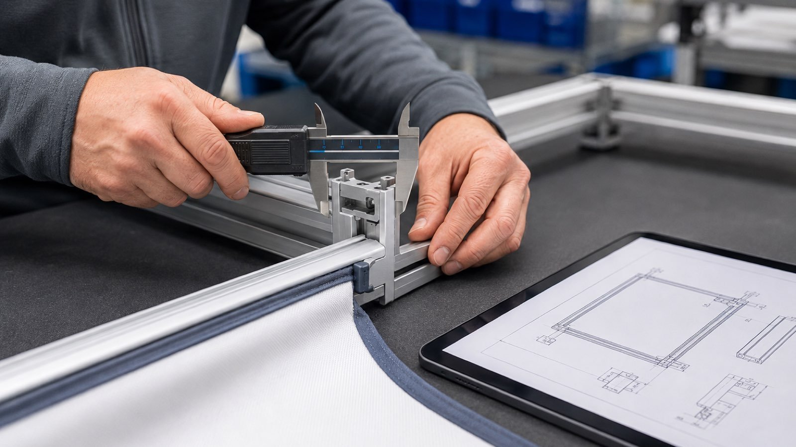 Technician inspecting modular exhibit frame connectors and graphic interfaces