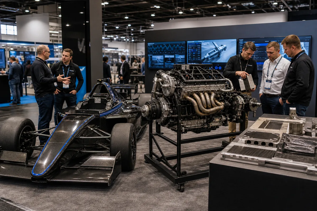 Motorsports trade show exhibit with racing components and technical displays