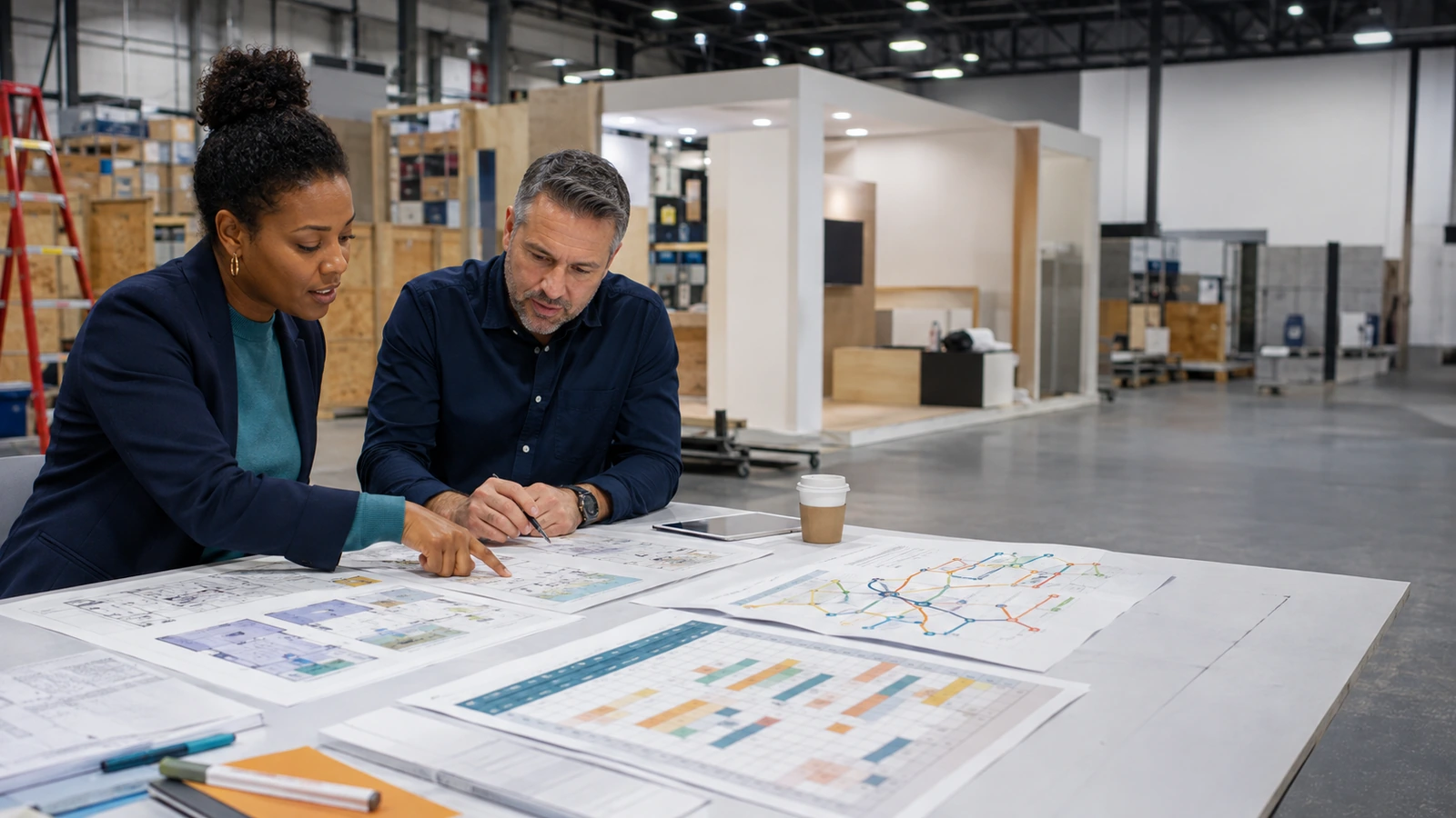 Event marketing team planning booth configurations and logistics for multiple trade shows