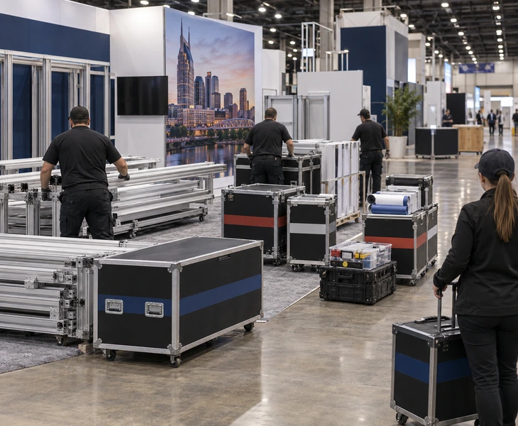 Color-tagged flight cases staged in order for booth setup and opening tests