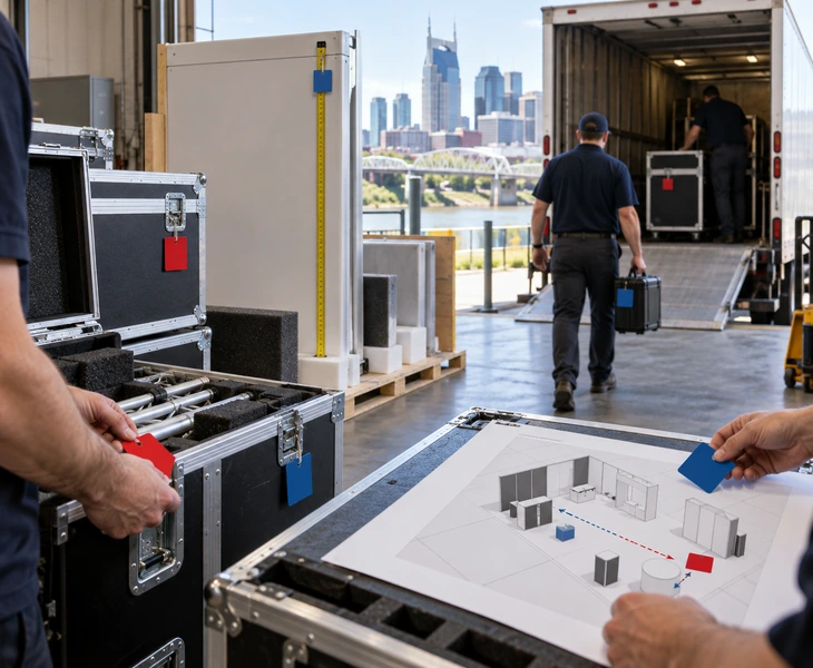Booth cases, large component and carrier route aligned before packing