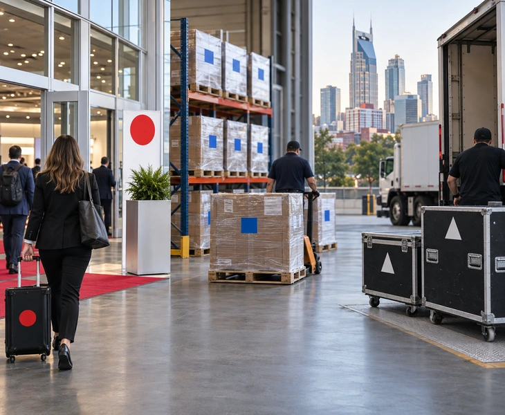 Staff-carried kit, warehouse pallets and direct-show cases staged as separate freight routes