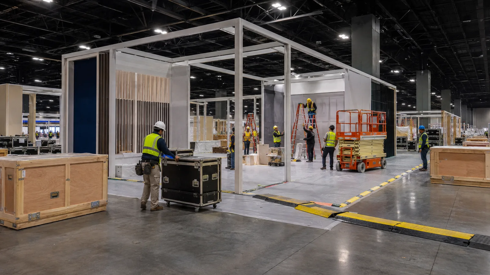 Exhibitor booth installation inside a large convention center in New Orleans