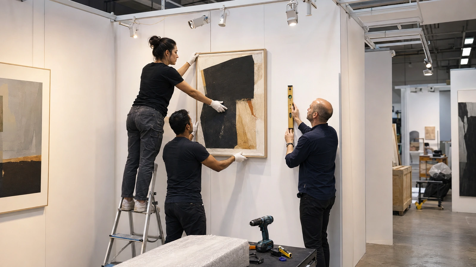 Gallery team installing framed artwork and checking lighting in a white-walled art fair stand
