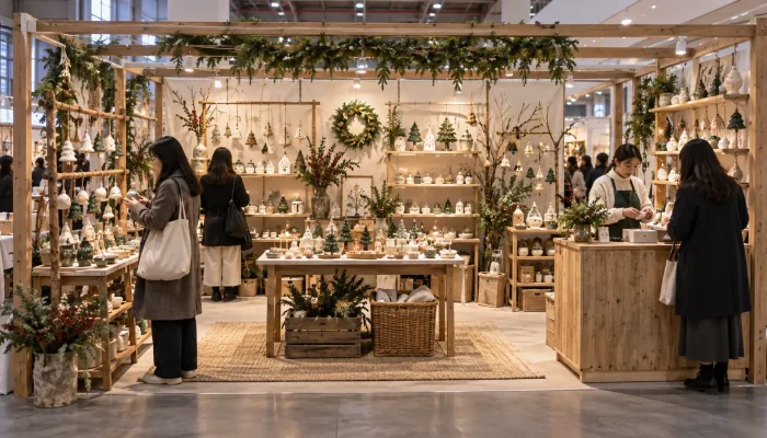 AI-generated concept of a holiday craft booth with gift displays and a clear checkout route.
