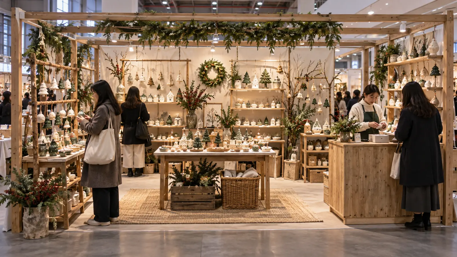 AI-generated concept of a holiday craft booth with gift displays and a clear checkout route.