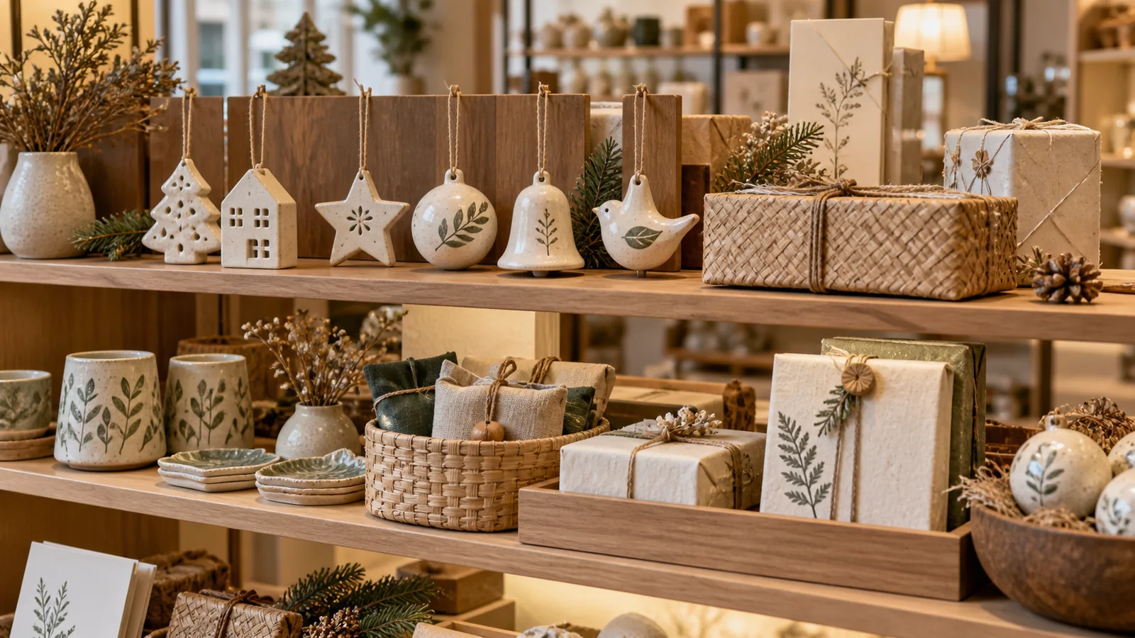 AI-generated concept of handmade gifts arranged by product type on tiered shelves.
