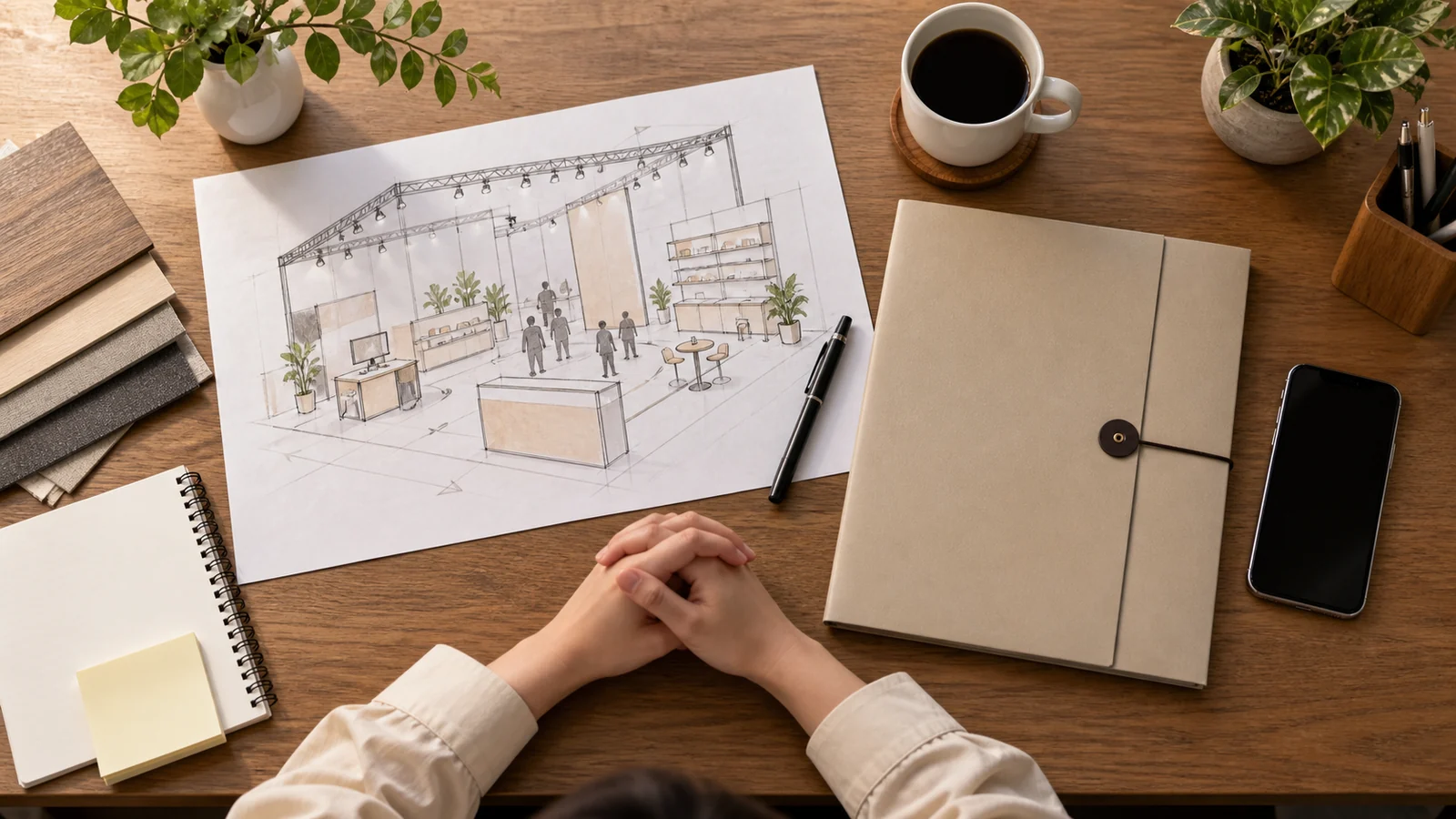 AI-generated planning concept with a booth sketch and application materials awaiting confirmation.