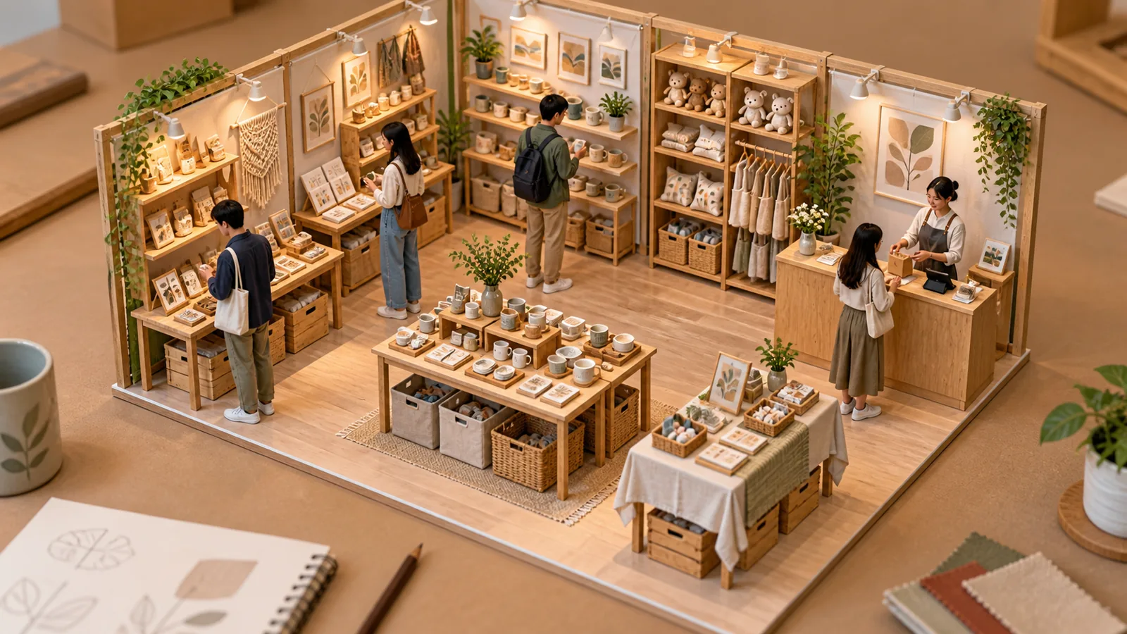AI-generated layout concept showing open craft displays, under-table storage and a side checkout.