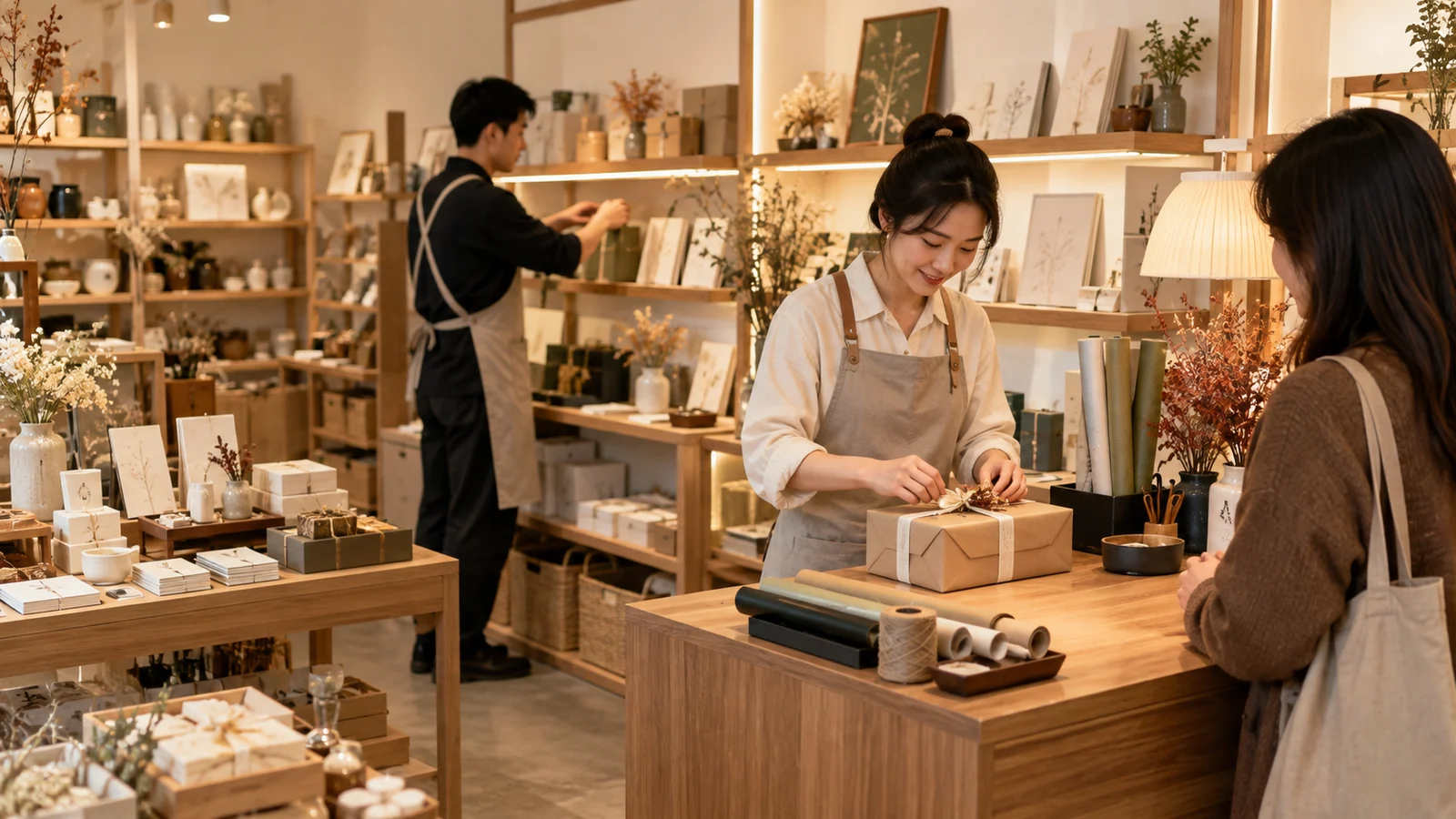 AI-generated concept of craft-booth checkout, gift packing and stock replenishment.