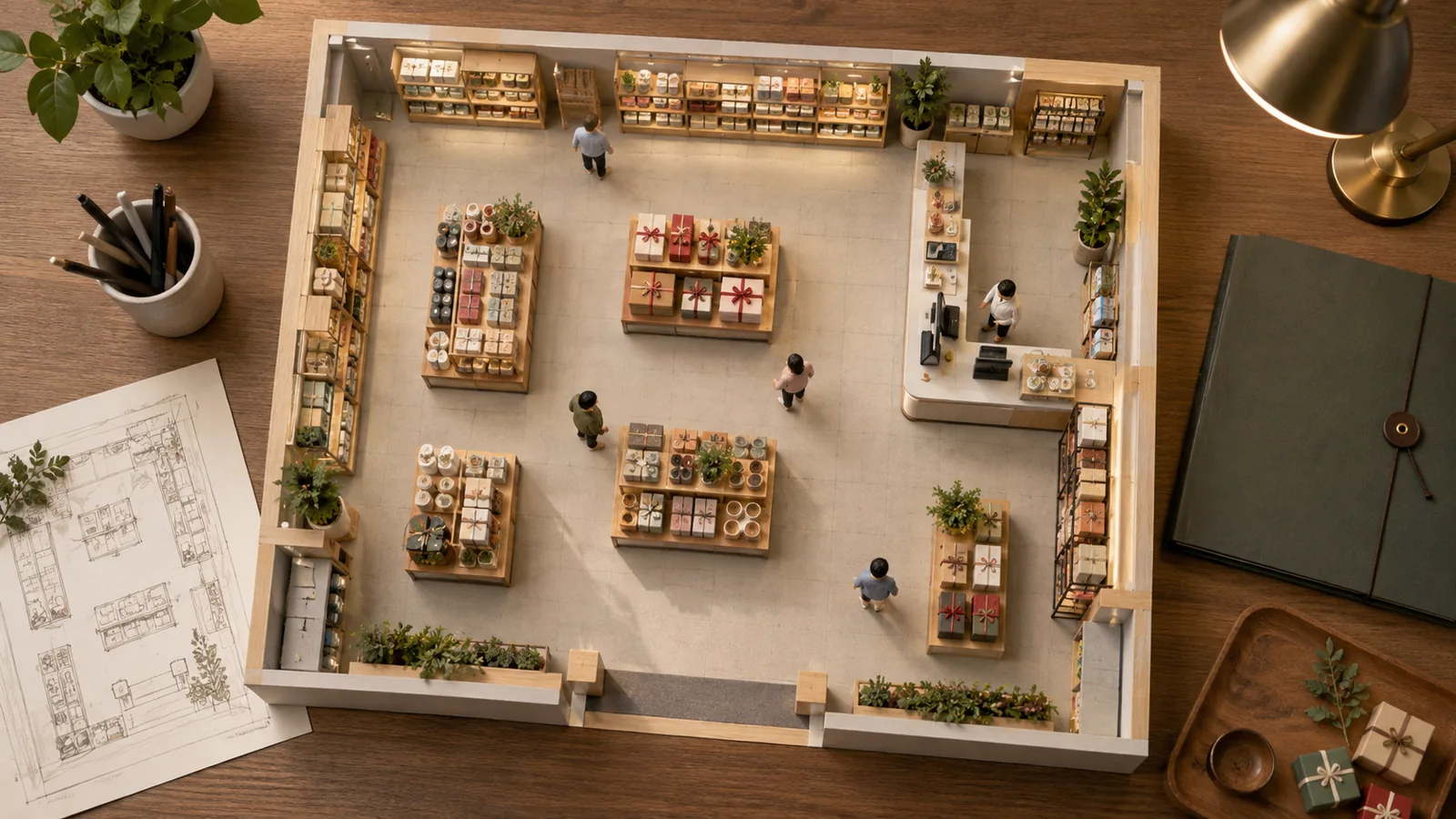 AI-generated booth-planning concept with display fixtures, checkout and stock areas.