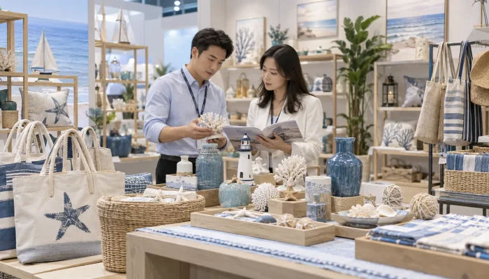 AI-generated concept of a wholesale resort-gift display and a retailer conversation.