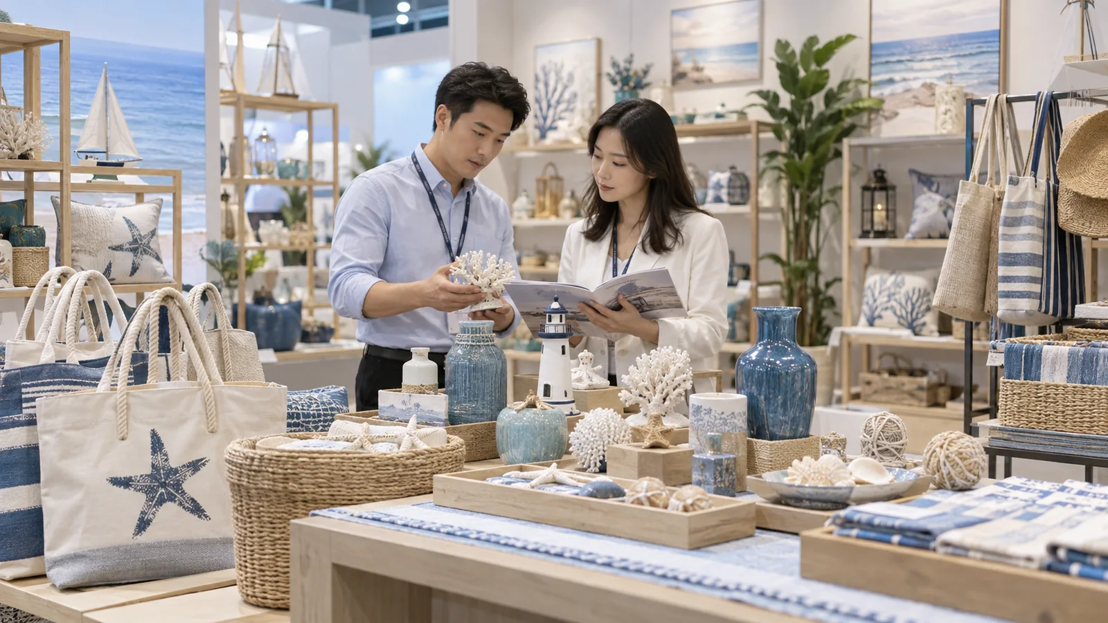 AI-generated concept of a wholesale resort-gift display and a retailer conversation.