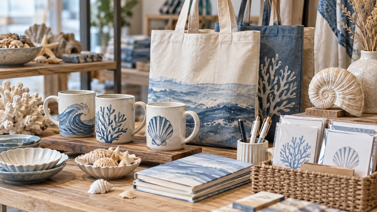 AI-generated concept of a coordinated coastal souvenir assortment for retailer review.