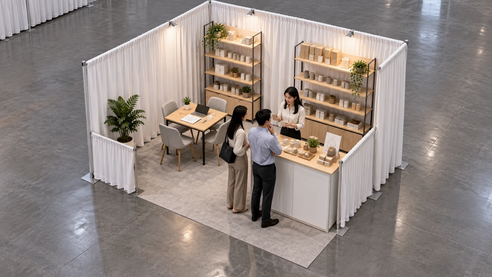 AI-generated concept of a compact wholesale booth with product shelving and a buyer table.