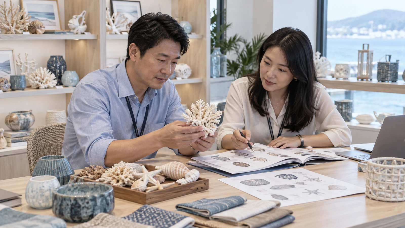 AI-generated concept of a buyer reviewing gift samples and line sheets at an order desk.