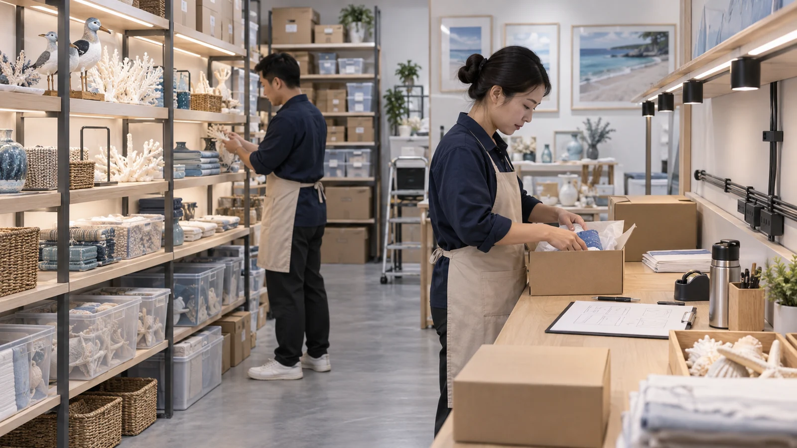 AI-generated concept of organized sample storage and service planning behind a gift display.