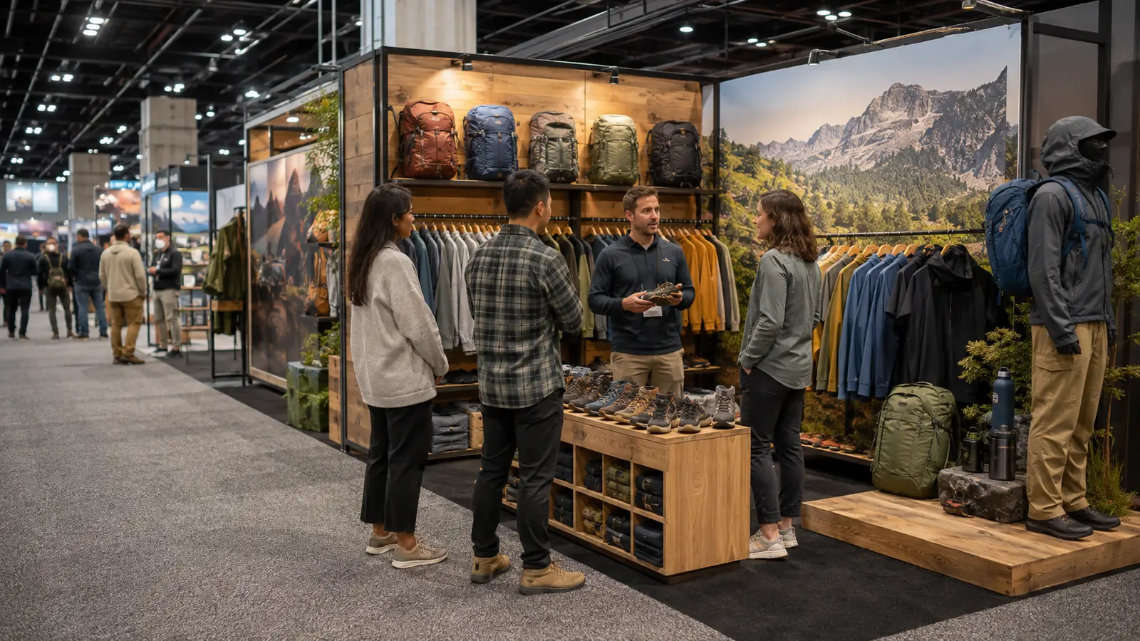 Outdoor industry trade show booth with outdoor products and professional buyers
