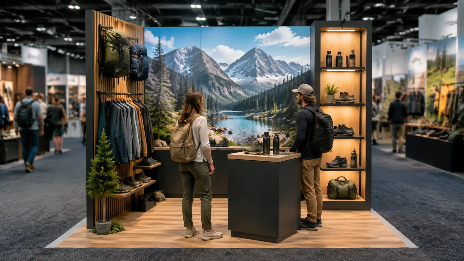 Compact 10x10 outdoor trade show booth with vertical product display and clear path