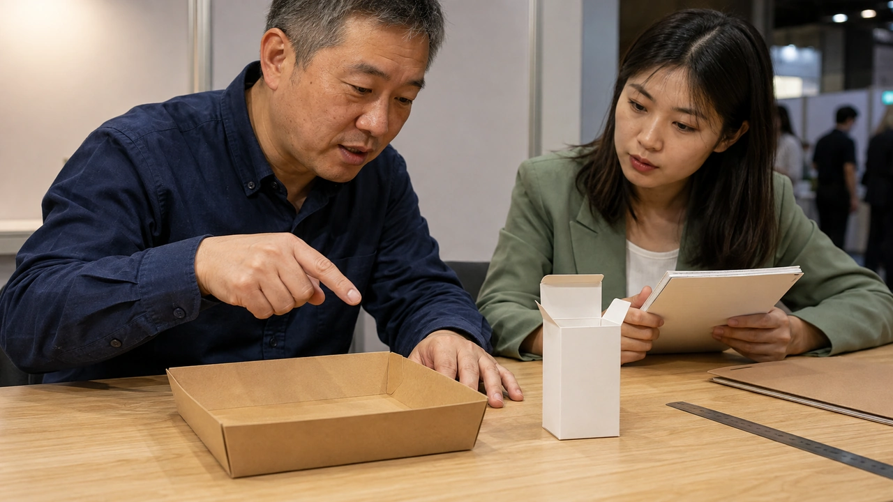 Technician and buyer discuss two carton formats at a packaging sample bench.