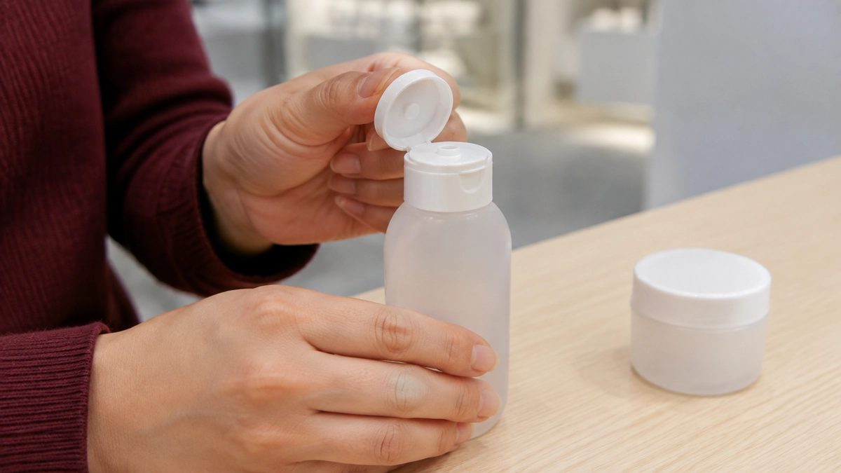 Illustrative close-up of hands opening a sample bottle flip-top closure at a trade show counter.
