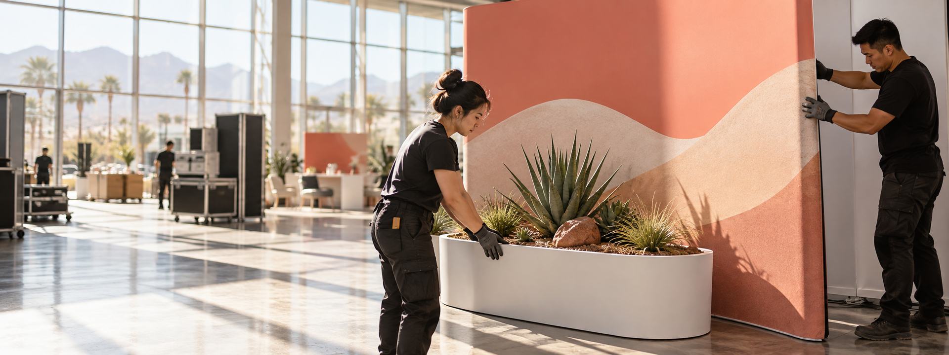 Palm Springs Convention Center exhibitor booth planning team in a modern convention hall