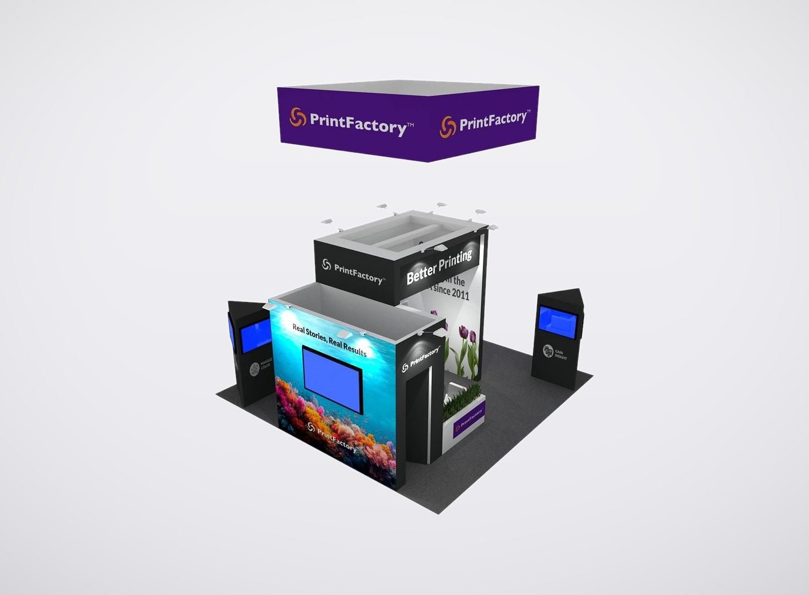 PrintFactory 20x20 trade show booth display at Printing united 2024