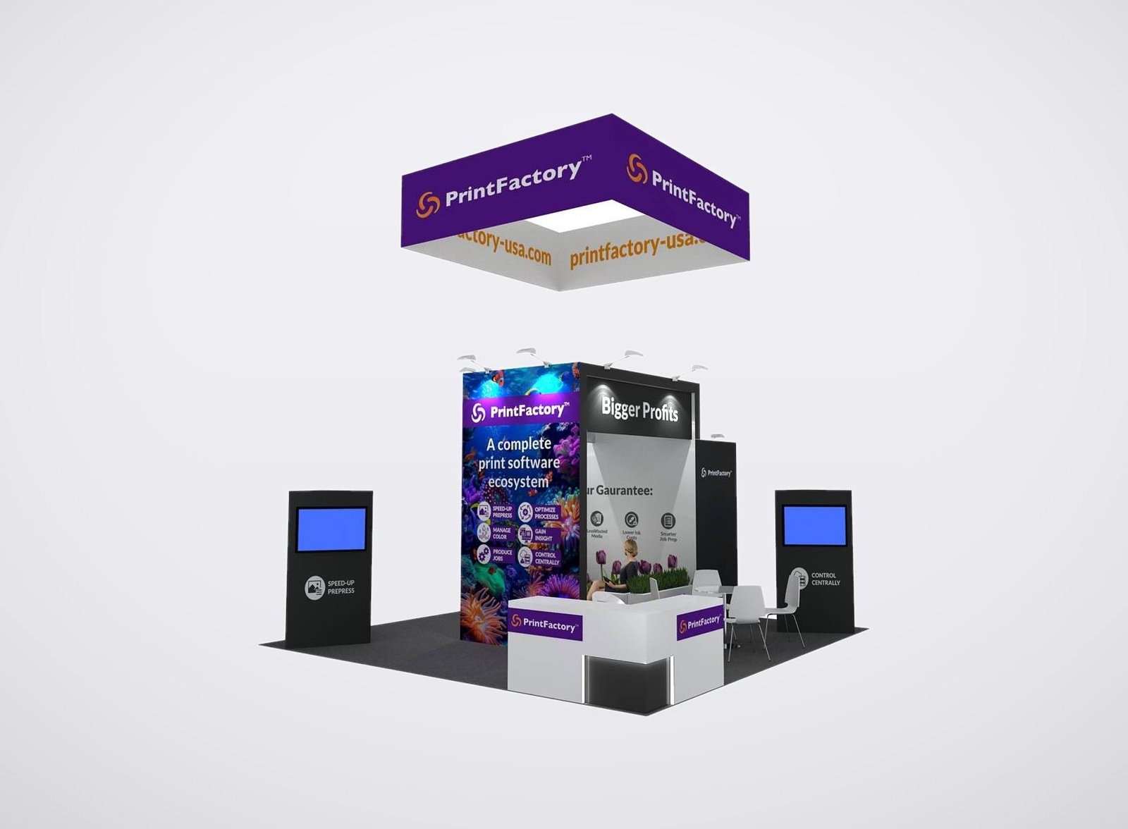 PrintFactory 20x20 trade show booth display at Printing united 2024
