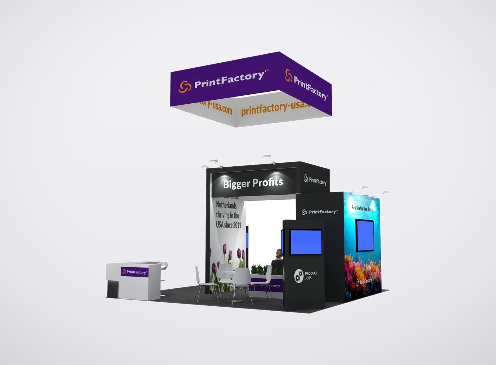 PrintFactory 20x20 trade show booth display at Printing united 2024