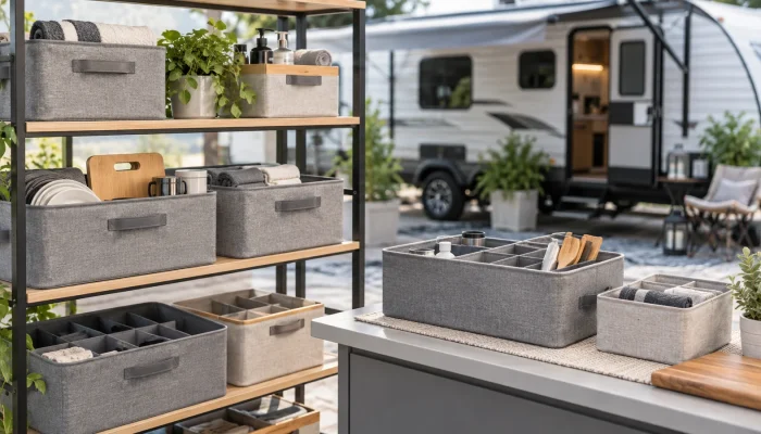 AI-generated concept of an RV-accessory display for consumer product comparisons.