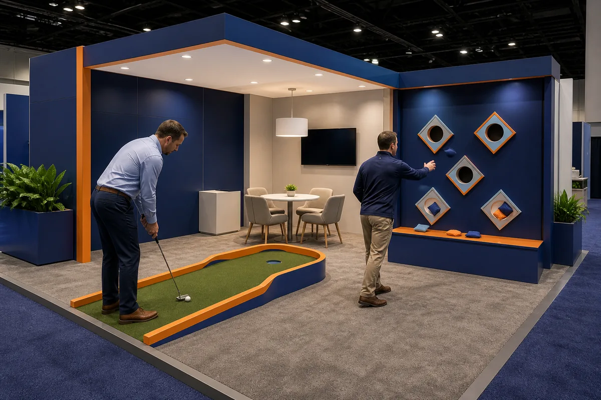 Mini golf and target toss activities inside a trade show booth