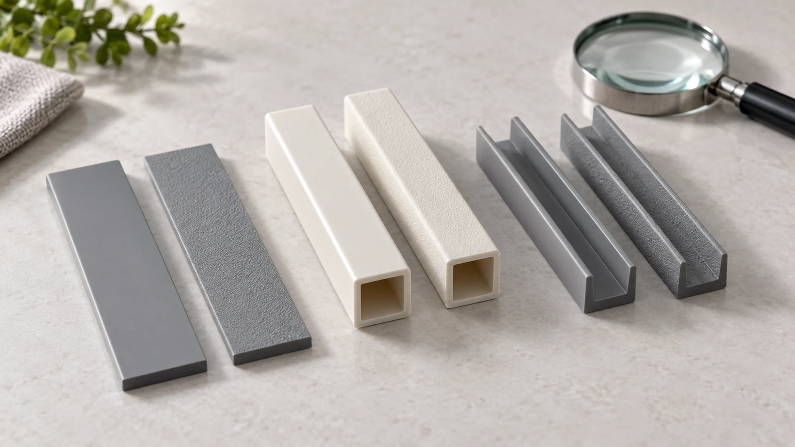 AI-generated concept of extrusion samples arranged for a surface-quality discussion.