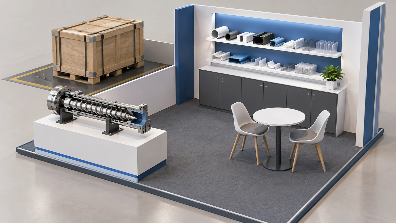 AI-generated concept of an extrusion exhibit with equipment handling and meeting areas.