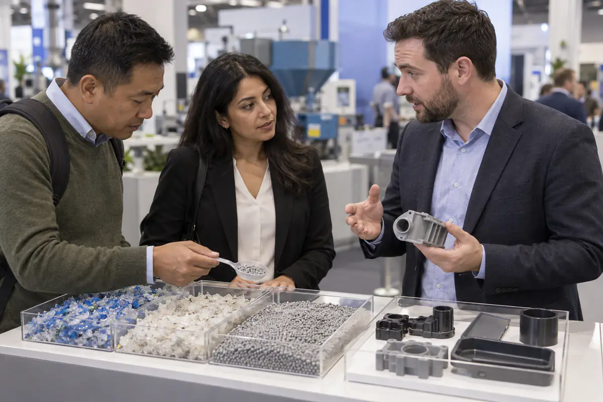 Exhibitor discussing recycled plastic flakes, pellets and finished samples with buyers