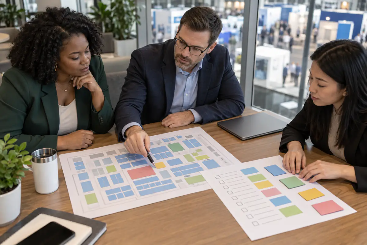 Team reviewing a trade-show floor plan and target-account list before booking