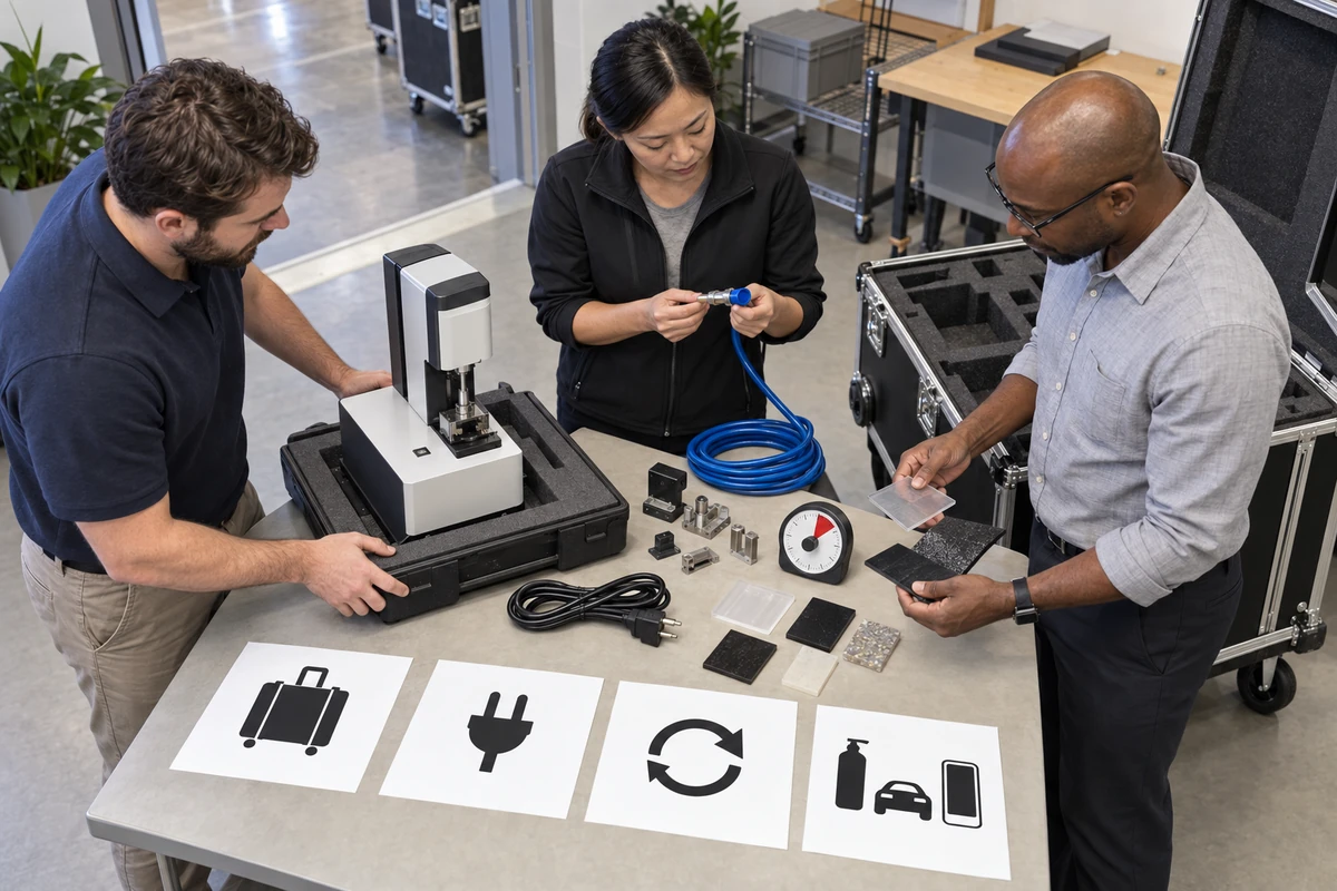 Team evaluating whether a polymer testing instrument is ready for exhibition