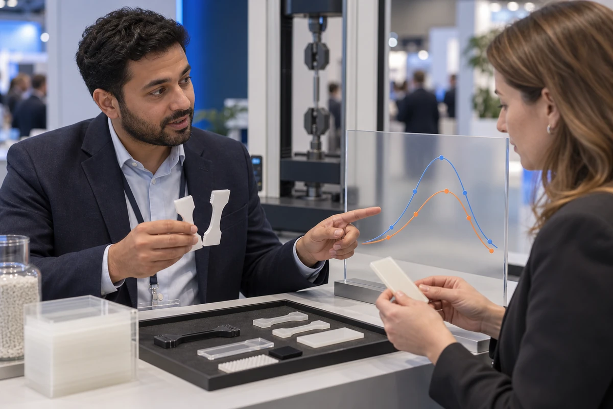 Exhibitor explaining polymer test results to a prospective buyer