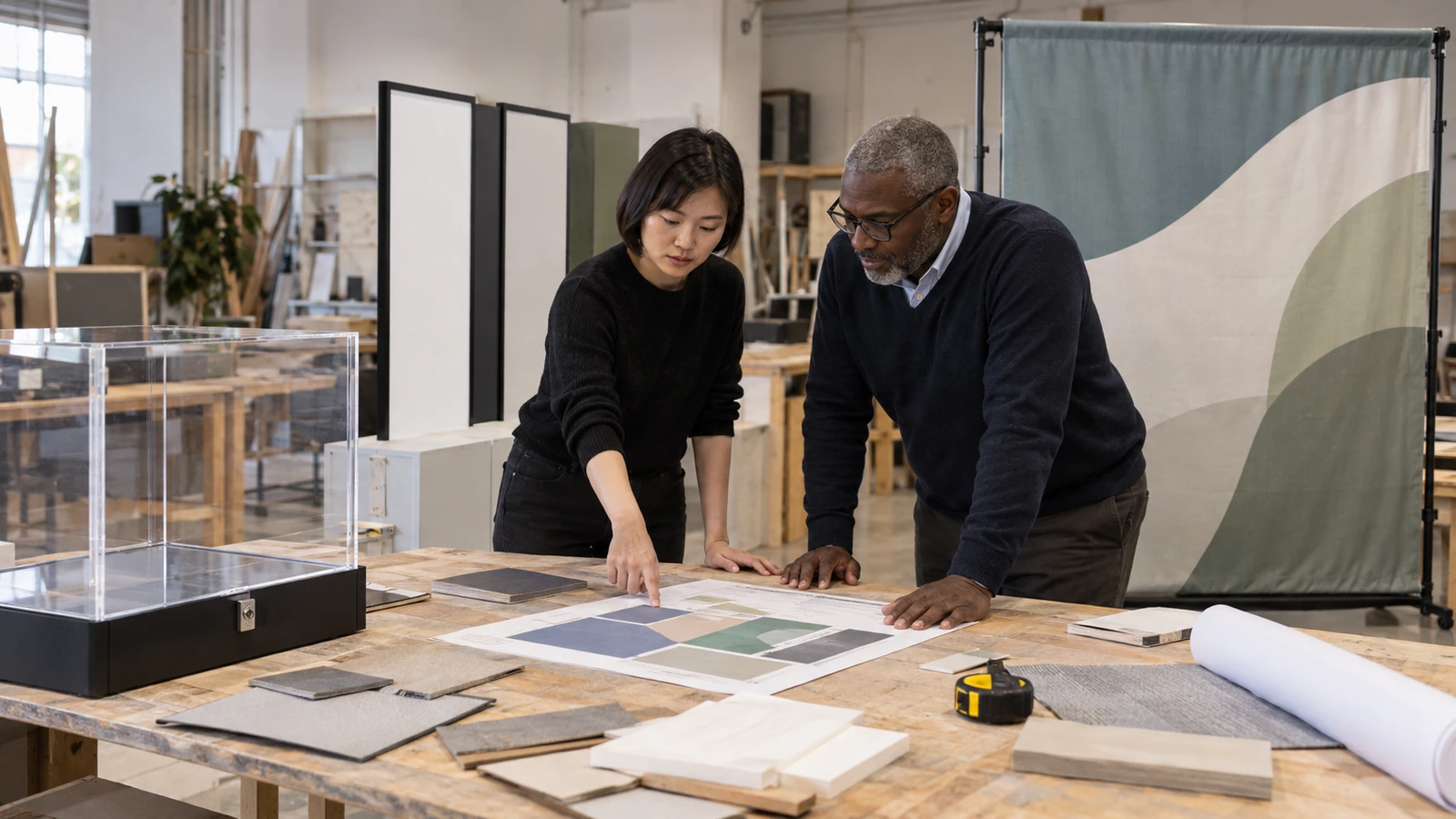 Exhibit designer and sales manager reviewing a tabletop layout and portable backdrop