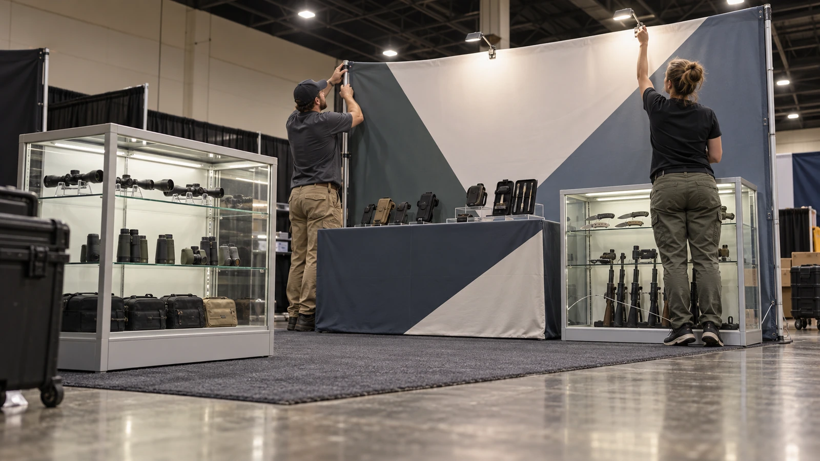 Exhibit team installing a portable backwall, table graphics, and secure product displays