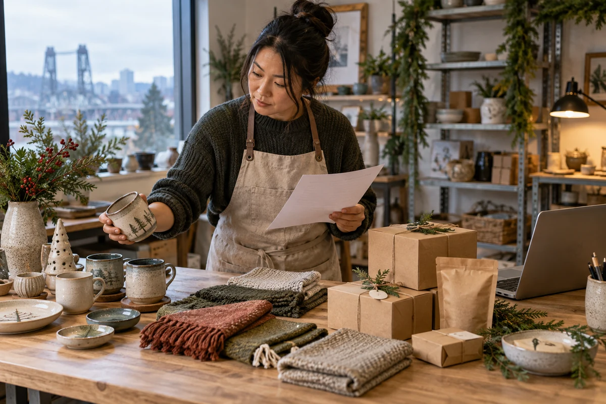 Vendor reviewing a focused holiday gift assortment before applying to a market