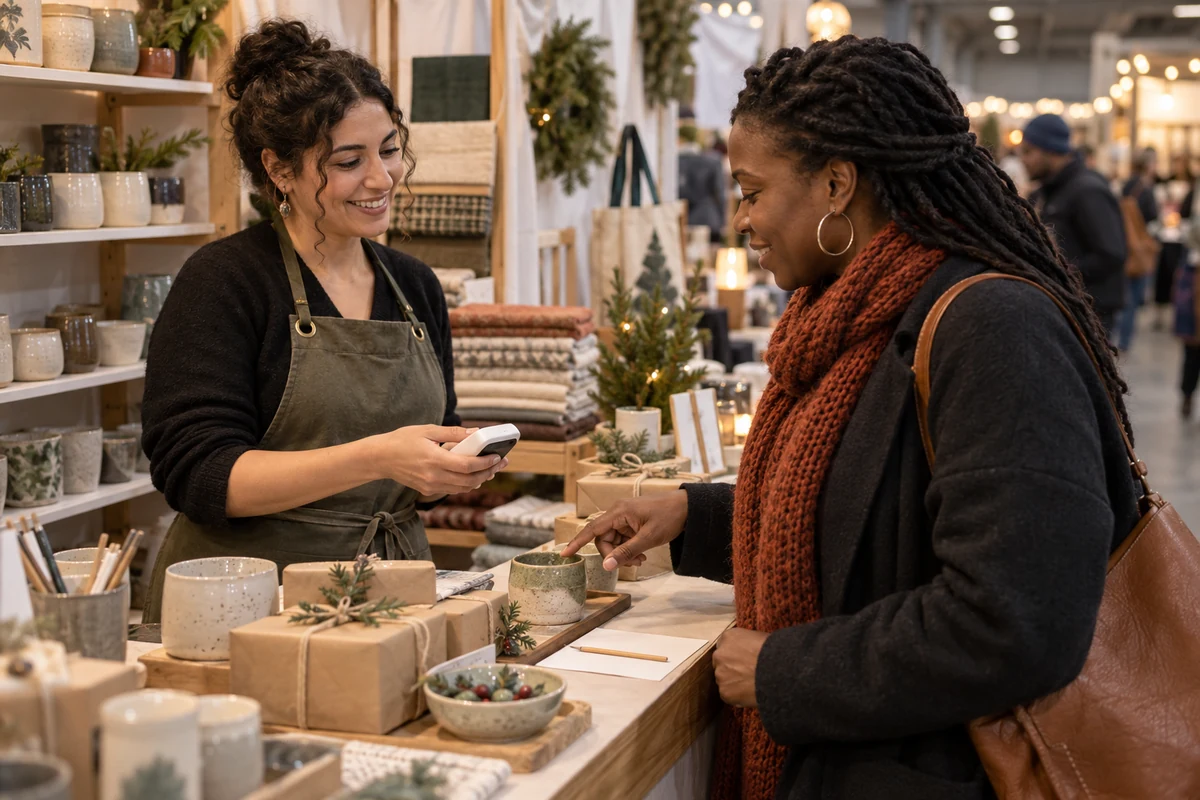 Vendor handling card checkout and a personalized gift order at a holiday market